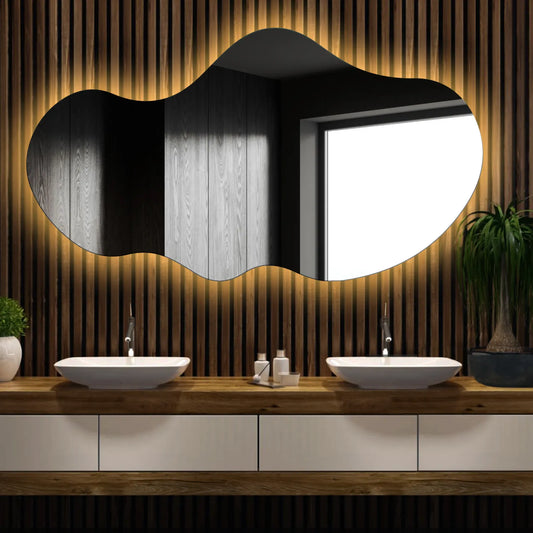 Irregular Horizontal LED Mirror | Wall Switch Control | Warm White Light - Reyze Ambient Series Model 1 - Horizontal