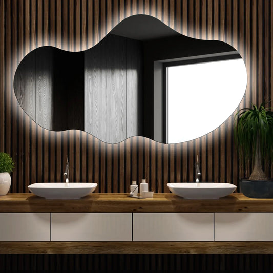Irregular Horizontal LED Mirror | Wall Switch Control | Cool White Light - Reyze Ambient Series Model 1 - Horizontal