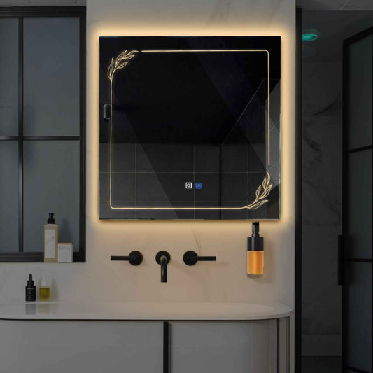 Square LED Mirror | Touch Buttons | Anti-Fog Function | Warm White Light - Reyze Good Vibes Series Model 1