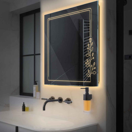 Square LED Mirror | Wall Switch Control | Warm White Light - Reyze Good Vibes Series Model 3