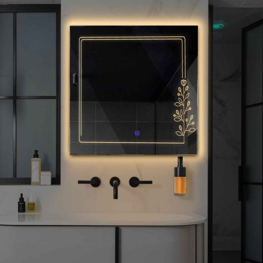 Square LED Mirror | Touch Button | Warm White Light - Reyze Good Vibes Series Model 3