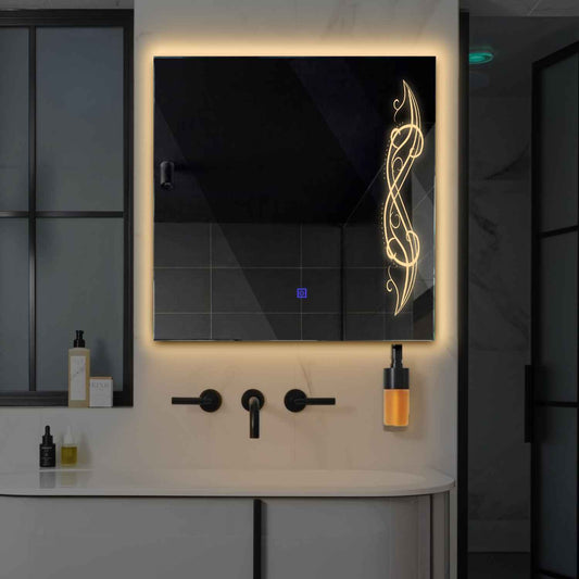 Square LED Mirror | Touch Button | Warm White Light - Reyze Good Vibes Series Model 6