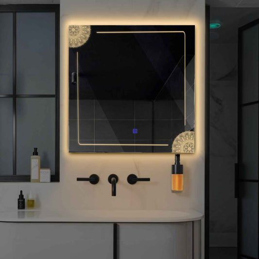 Square LED Mirror | Touch Button | Warm White Light - Reyze Good Vibes Series Model 7