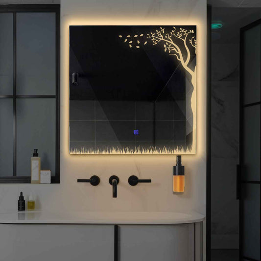 Square LED Mirror | Touch Button | Warm White Light - Reyze Good Vibes Series Model 8