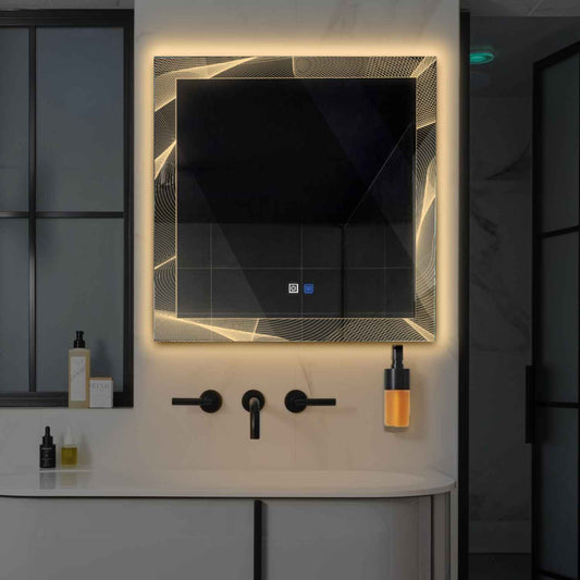 Square LED Mirror | Touch Buttons | Anti-Fog Function | Warm White Light - Reyze Simetria Series Model 2