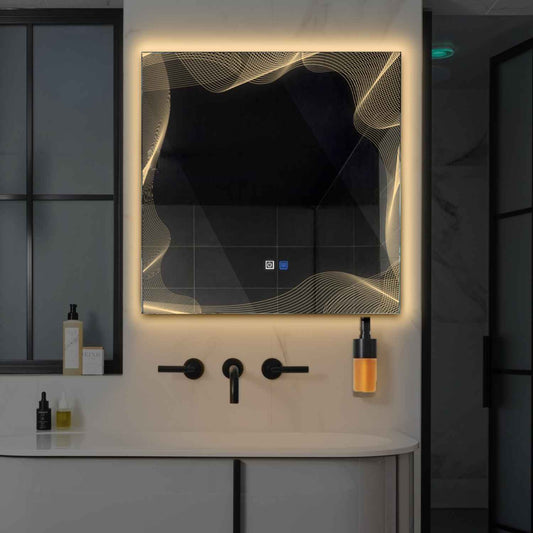 Square LED Mirror | Touch Buttons | Anti-Fog Function | Warm White Light - Reyze Simetria Series Model 3