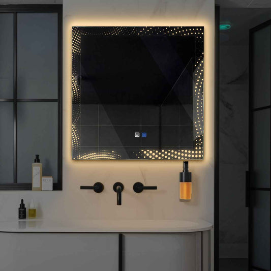 Square LED Mirror | Touch Buttons | Anti-Fog Function | Warm White Light - Reyze Simetria Series Model 8