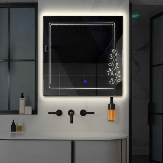 Square LED Mirror | Touch Button | Neutral White Light - Reyze Good Vibes Series Model 3