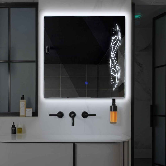Square LED Mirror | Touch Button | Cool White Light - Reyze Good Vibes Series Model 6