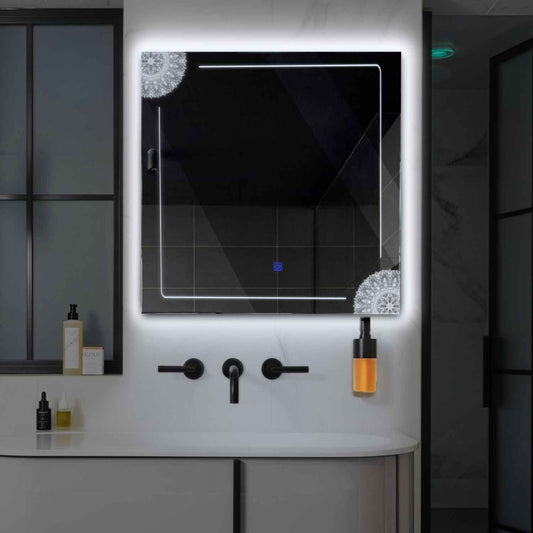 Square LED Mirror | Touch Button | Cool White Light - Reyze Good Vibes Series Model 7