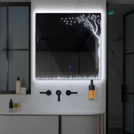 Square LED Mirror | Touch Button | Cool White Light - Reyze Good Vibes Series Model 8
