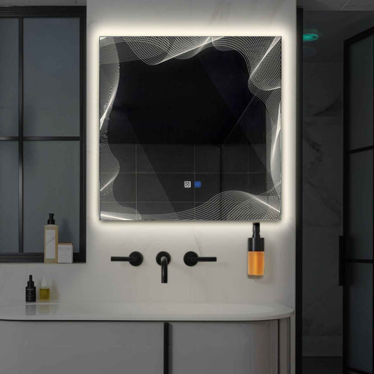 Square LED Mirror | Touch Buttons | Anti-Fog Function | Neutral White Light - Reyze Simetria Series Model 3