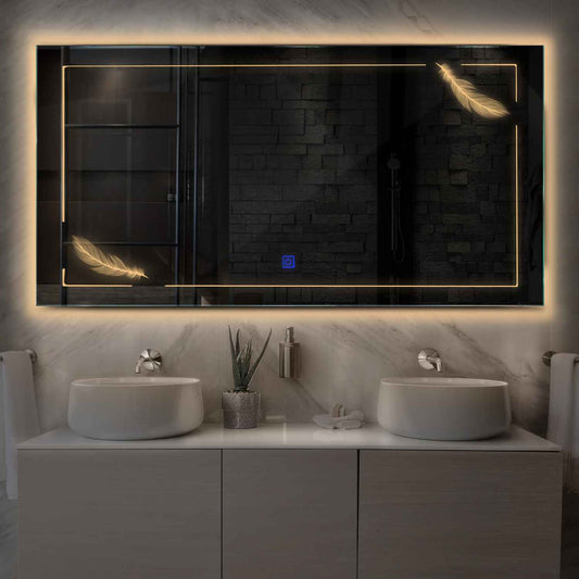 Horizontal LED Mirror | Touch Button | Warm White Light - Reyze Good Vibes Series Model 2