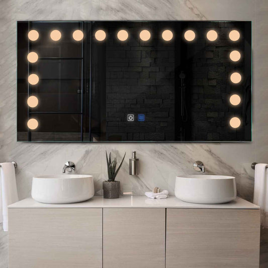 Horizontal LED Mirror | Touch Buttons | Anti-Fog Function | Warm White Light - Reyze Salono Series Model 6