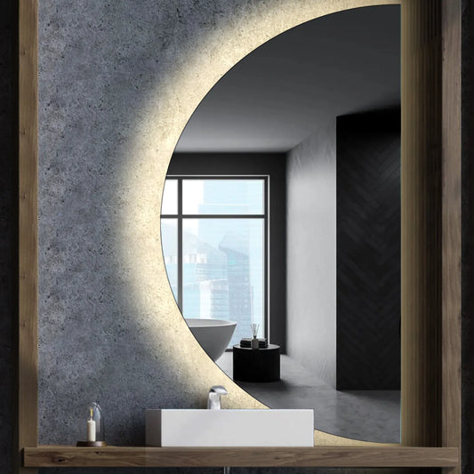 Crescent Moon LED Mirror | Wall Switch Control | Neutral White Light - Reyze Ambient Series Model 1 - Right Side