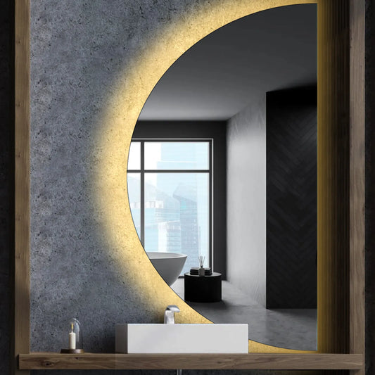 Crescent Moon LED Mirror | Wall Switch Control | Warm White Light - Reyze Ambient Series Model 1 - Right Side