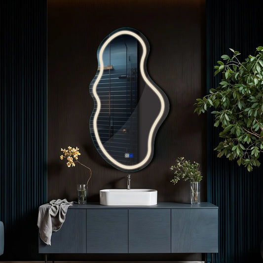 Irregular Horizontal LED Mirror | Touch Buttons | Anti-Fog Function | Neutral White Light - Reyze Salono Series Model 1 - Vertical