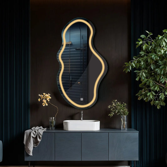 Irregular Horizontal LED Mirror | Touch Button | Warm White Light - Reyze Salono Series Model 1 - Vertical