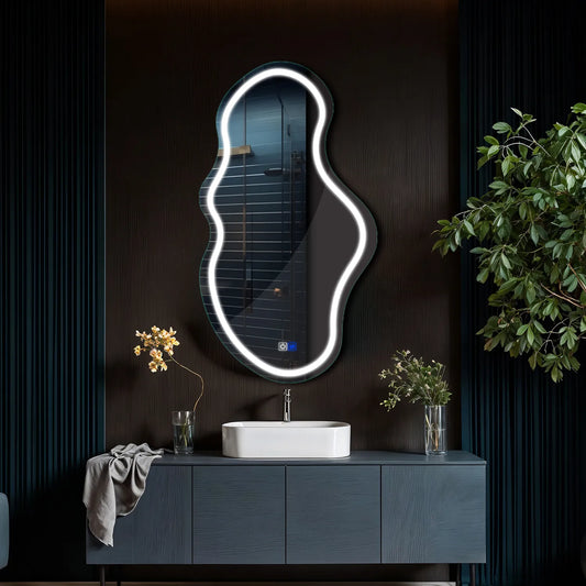 Irregular Horizontal LED Mirror | Touch Buttons | Anti-Fog Function | Cool White Light - Reyze Salono Series Model 1 - Vertical