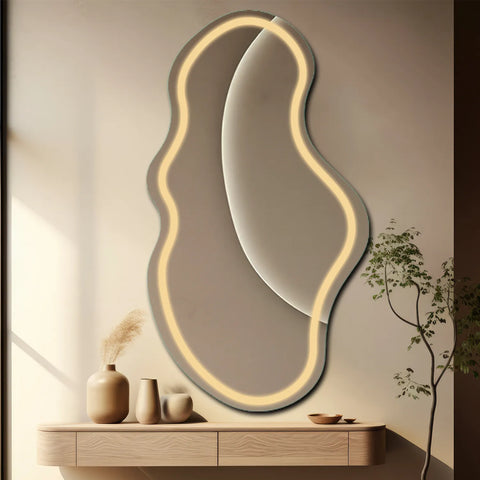 Irregular Horizontal LED Mirror | Wall Switch Control | Warm White Light - Reyze Salono Series Model 1 - Vertical