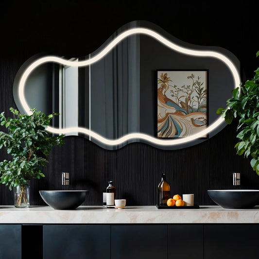 Irregular Horizontal LED Mirror | Wall Switch Control | Neutral White Light - Reyze Salono Series Model 1 - Horizontal