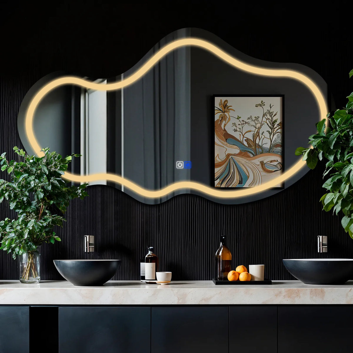Irregular Horizontal LED Mirror | Touch Buttons | Anti-Fog Function | Warm White Light - Reyze Salono Series Model 1 - Horizontal