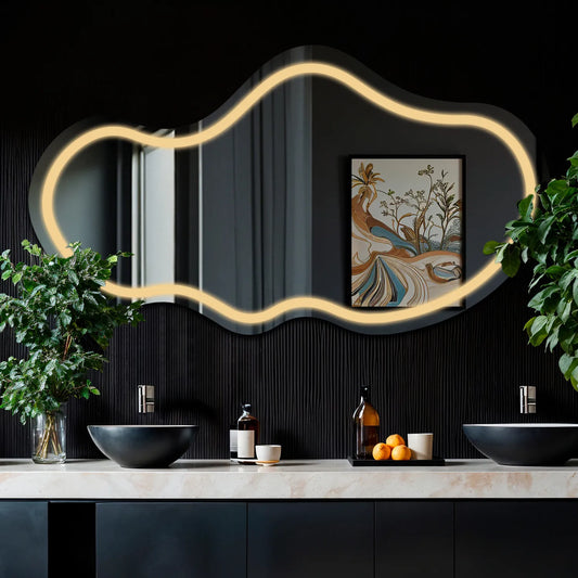 Irregular Horizontal LED Mirror | Wall Switch Control | Warm White Light - Reyze Salono Series Model 1 - Horizontal