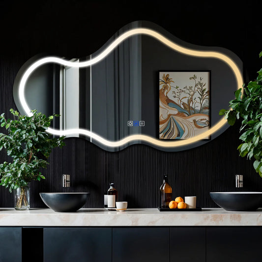 Irregular Horizontal LED Mirror | Touch Buttons | Anti-Fog Function | Adjustable Color Temperature - Reyze Salono Series Model 1