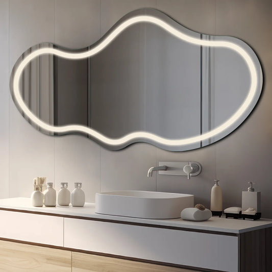 Irregular Horizontal LED Mirror | Wall Switch Control | Neutral White Light - Reyze Salono Series Model 1 - Horizontal