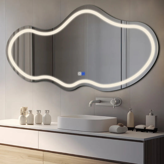 Irregular Horizontal LED Mirror | Touch Buttons | Anti-Fog Function | Neutral White Light - Reyze Salono Series Model 1 - Horizontal
