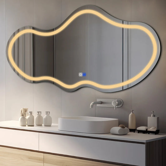 Irregular Horizontal LED Mirror | Touch Buttons | Anti-Fog Function | Warm White Light - Reyze Salono Series Model 1 - Horizontal