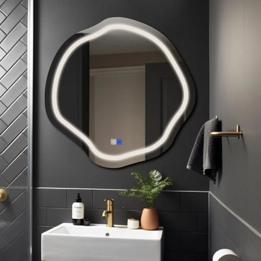 Irregular Oval LED Mirror | Touch Buttons | Anti-Fog Function | Neutral White Light - Reyze Salono Series Model 1