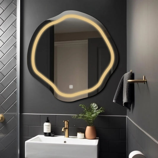 Irregular Oval LED Mirror | Touch Button | Warm White Light - Reyze Salono Series Model 1