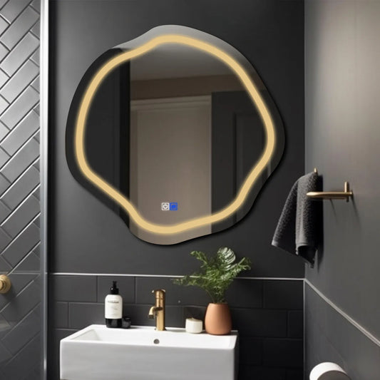 Irregular Oval LED Mirror | Touch Buttons | Anti-Fog Function | Warm White Light - Reyze Salono Series Model 1