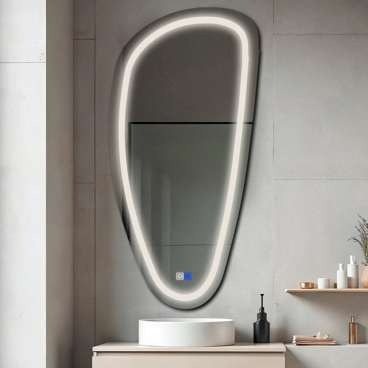 Irregular Vertical LED Mirror | Touch Buttons | Anti-Fog Function | Neutral White Light - Reyze Salono Series Model 1