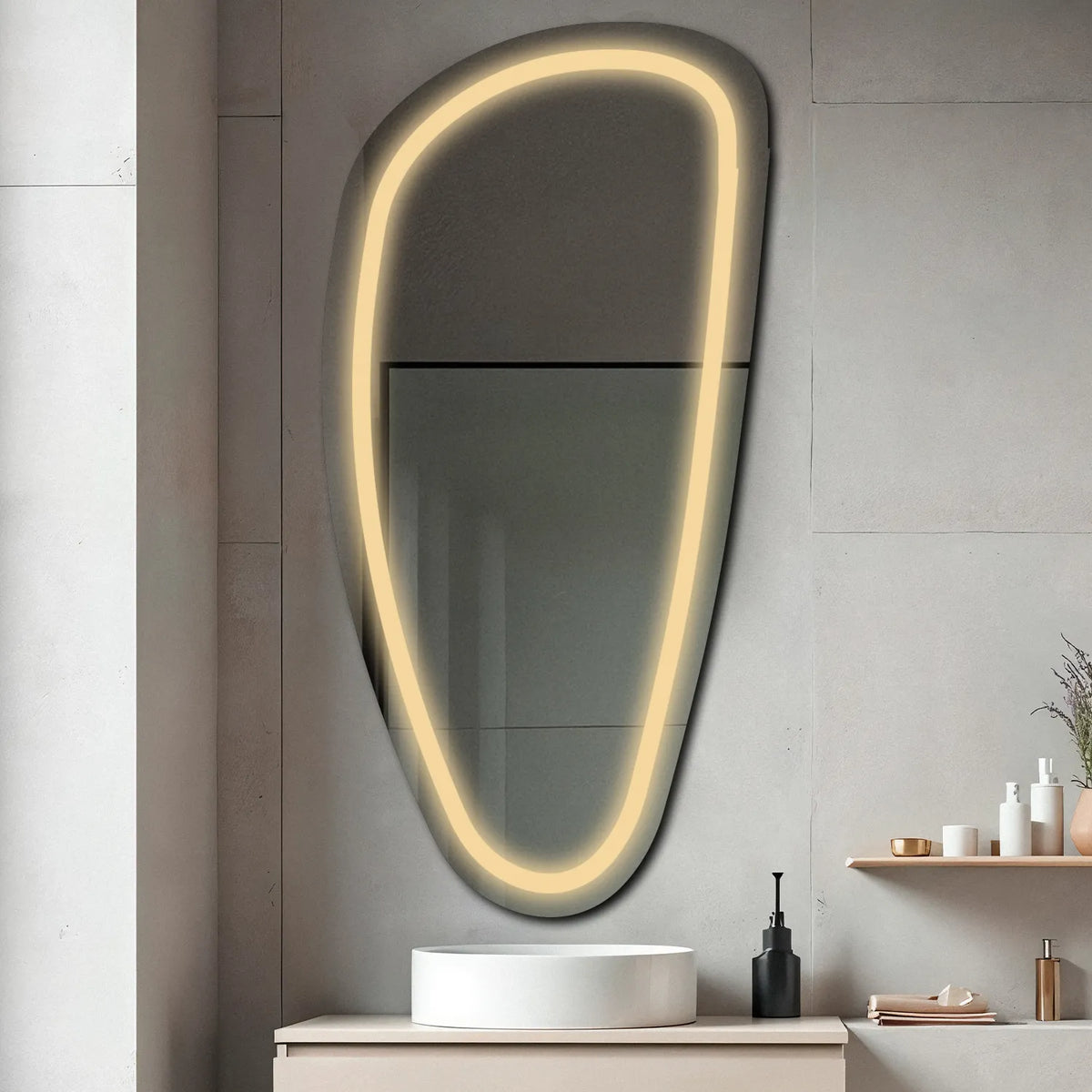 Irregular Vertical LED Mirror | Wall Switch Control | Warm White Light - Reyze Salono Series Model 1