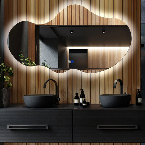 Irregular Horizontal LED Mirror | Touch Buttons | Anti-Fog Function | Cool White Light - Reyze Ambient Series Model 1 - Horizontal