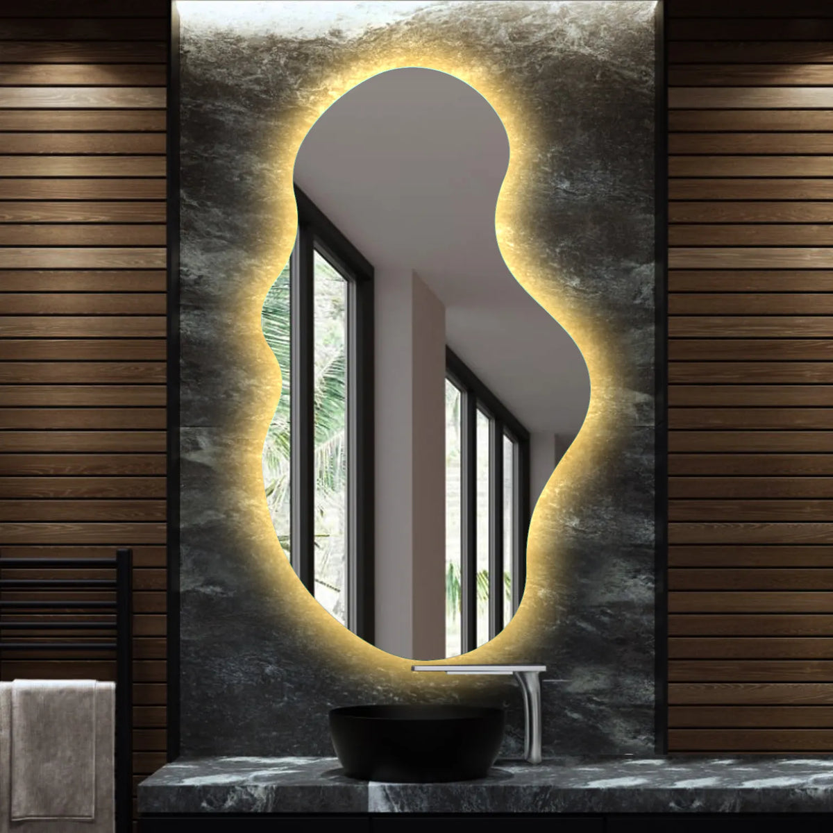 Irregular Horizontal LED Mirror | Wall Switch Control | Warm White Light - Reyze Ambient Series Model 1 - Vertical