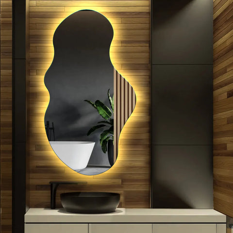 Irregular Horizontal LED Mirror | Wall Switch Control | Warm White Light - Reyze Ambient Series Model 1 - Vertical