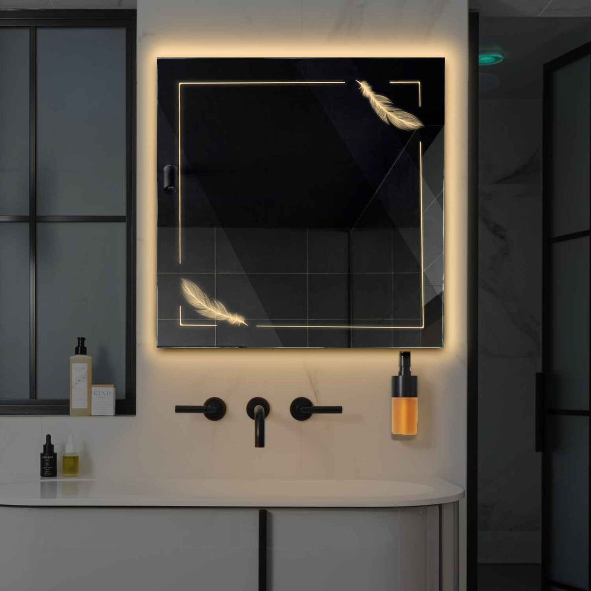 Square LED Mirror | Wall Switch Control | Warm White Light - Reyze Good Vibes Series Model 2