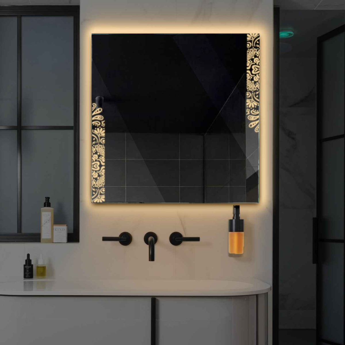 Square LED Mirror | Wall Switch Control | Warm White Light - Reyze Good Vibes Series Model 4