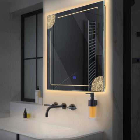 Square LED Mirror | Touch Button | Warm White Light - Reyze Good Vibes Series Model 7