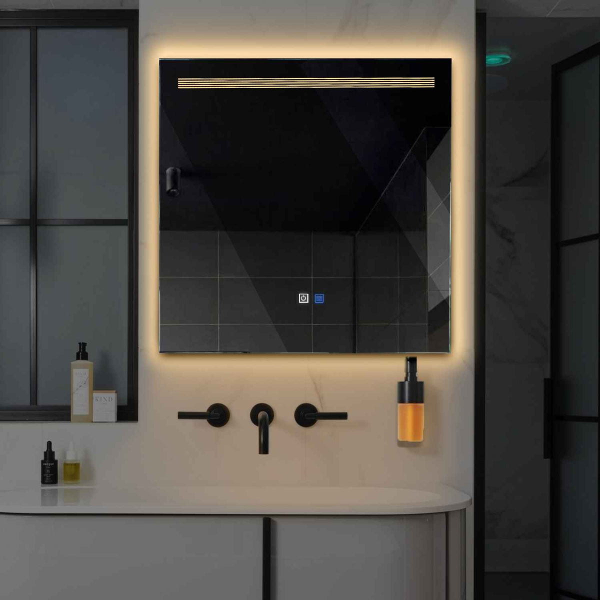 Square LED Mirror | Touch Buttons | Anti-Fog Function | Warm White Light - Reyze Minimal Series Model 5