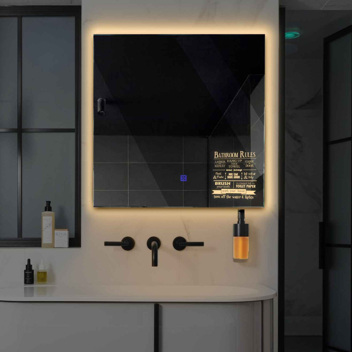 Square LED Mirror | Touch Button | Warm White Light - Reyze Motivated Series Model 5