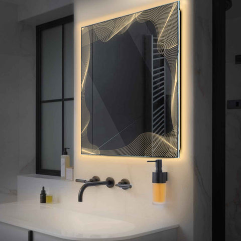 Square LED Mirror | Wall Switch Control | Warm White Light - Reyze Simetria Series Model 3