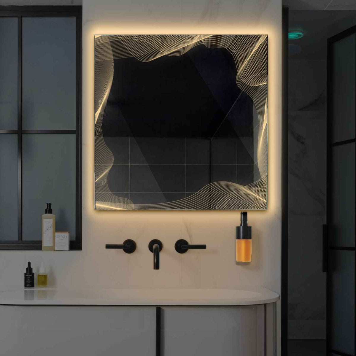 Square LED Mirror | Wall Switch Control | Warm White Light - Reyze Simetria Series Model 3
