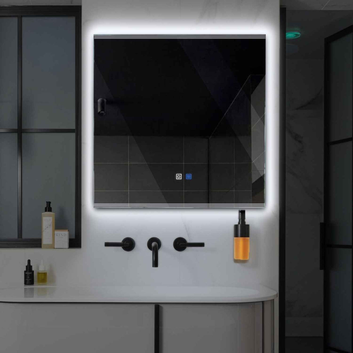 Square LED Mirror | Touch Buttons | Anti-Fog Function | Cool White Light - Reyze Edge Series Model 8