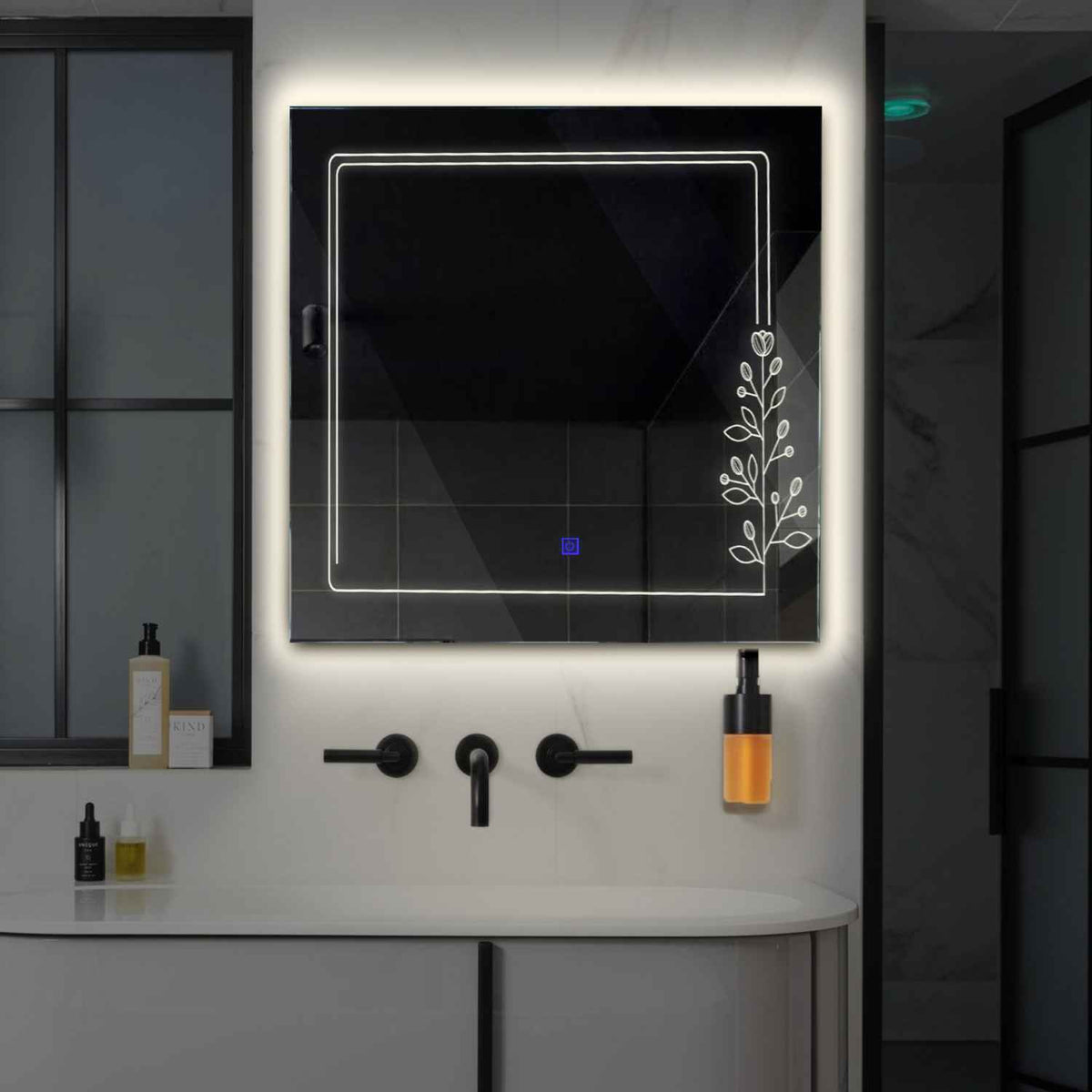Square LED Mirror | Touch Button | Neutral White Light - Reyze Good Vibes Series Model 3