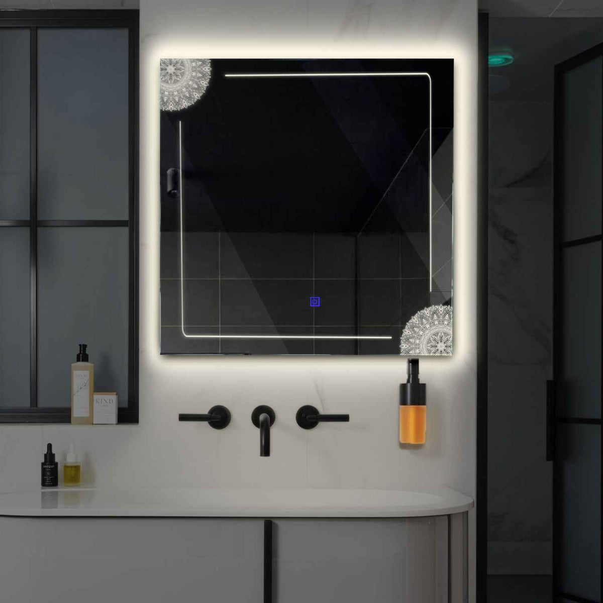 Square LED Mirror | Touch Button | Neutral White Light - Reyze Good Vibes Series Model 7