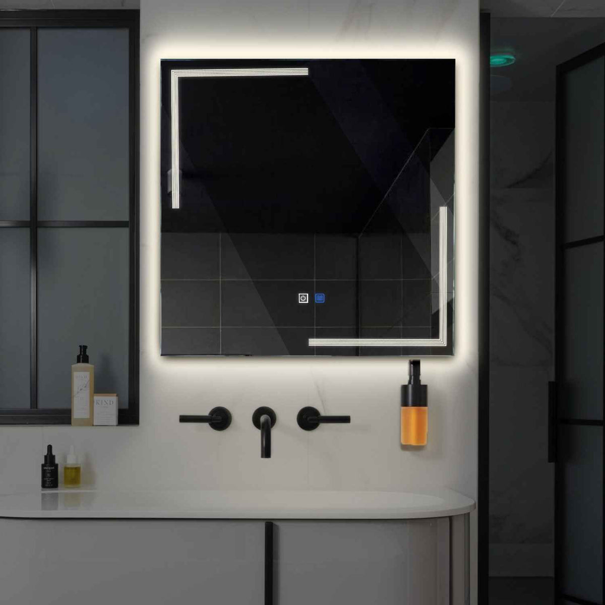 Square LED Mirror | Touch Buttons | Anti-Fog Function | Neutral White Light - Reyze Minimal Series Model 2